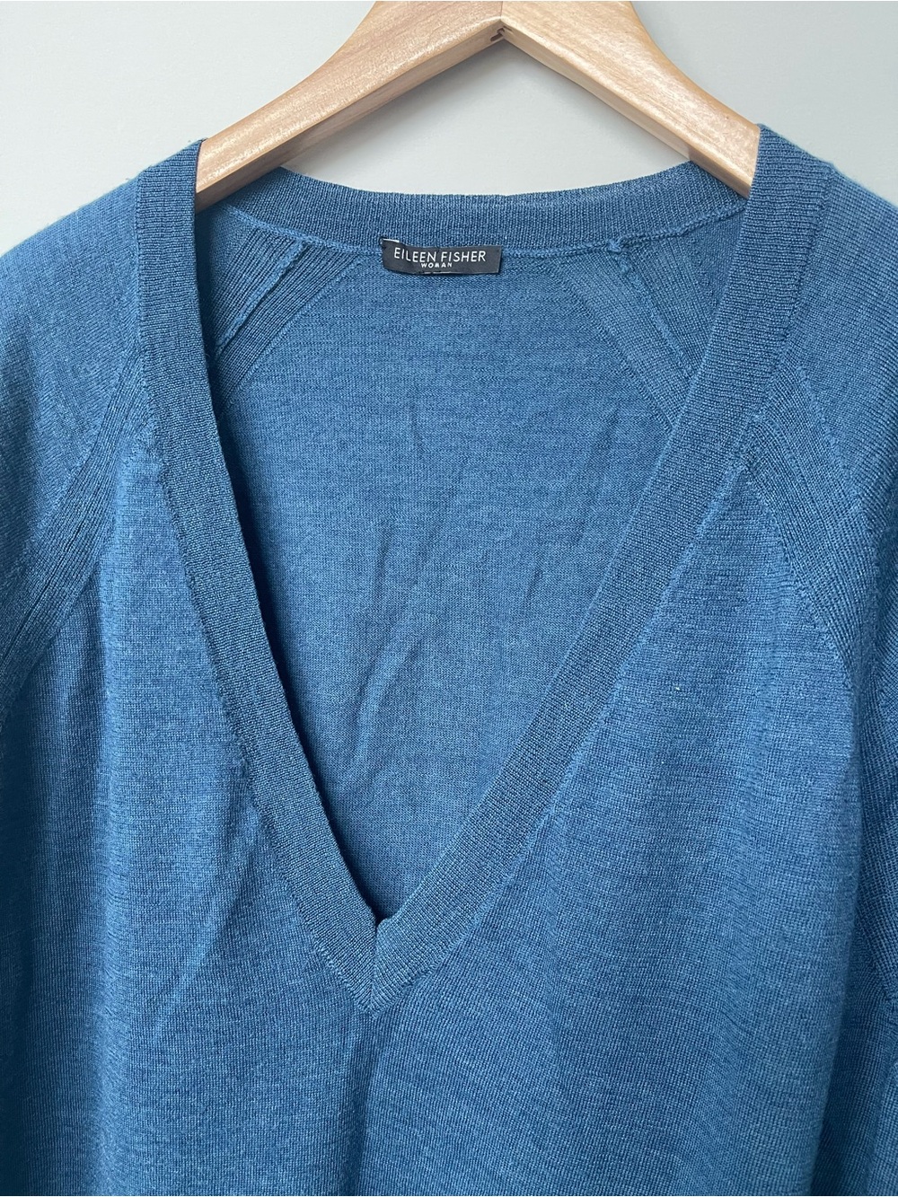 Eileen Fisher | Blue V Neck Merino Wool Long Sleeve Sweater - Picture 2 of 8